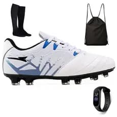 Kit Chuteira Futebol Profissional Masculina de Couro Campo Grama Natural + Meião + Bag + Relógio