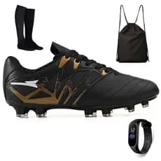 Chuteira de Campo Couro Masculina + Kit Completo Meião Bag e Relógio Futebol