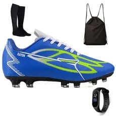 Kit Chuteira Futebol Profissional Masculina de Couro Campo Grama Natural + Meião + Bag + Relógio