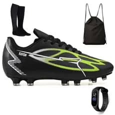 Kit Chuteira Futebol Profissional Masculina de Couro Campo Grama Natural + Meião + Bag + Relógio