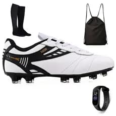 Kit Chuteira Futebol Profissional Masculina de Couro Campo Grama Natural + Meião + Bag + Relógio Promoção