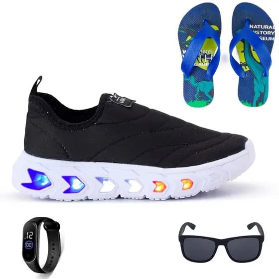 Tenis Infantil Led Menino Calce Facil Preto e Branco + Chinelo + Relógio + Óculos