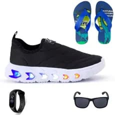 Tenis Infantil Led Menino Calce Facil Preto e Branco + Chinelo + Relógio + Óculos