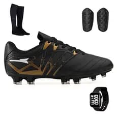 Kit Chuteira Futebol Profissional Masculina de Couro Trava + Meião + Caneleira + Relógio
