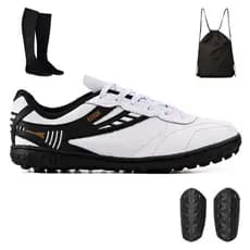 Kit Chuteira Futebol Profissional Masculina de Couro Society + Meião + Bag + Caneleira