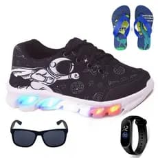Kit Tênis de Led Infantil Meninos Astronauta Calce Fácil Confortável, Chinelo + Óculos + Relógio