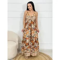 Vestido Longo Feminino Verão 2025 Estampado com Bojo e Forro – Alça Regulável