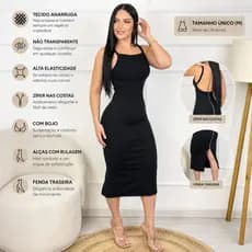 Vestido Midi Feminino  com Bojo e Fenda Tecido Anarruga, Não Transparente, Alça Regulável e zíper nas costas