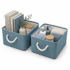 Kit 2 un. Cesto Organizador de Linho Dobrável Decorativo Easy Decor com Alças de Algodão 7,8L | AZUL