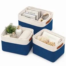Kit 3 Cesto Organizador Decorativo Linho Dobrável 25,5L com Alça em couro | Azul