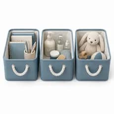 Kit 3 un. Cesto Organizador de Linho Dobrável Decorativo Easy Decor Multiuso com Alças de Algodão | AZUL