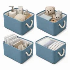 Kit 4 un. Cesto Organizador Decorativo de Linho Dobrável Easy Decor Multiuso com Alças de Algodão | AZUL