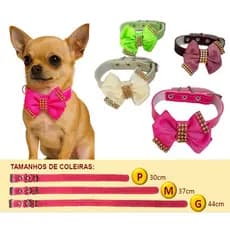 Coleira Luxo Ajustável Para Pet com Laço de Gorgorão e Strass ✨ Cães e Gatos – P, M e G