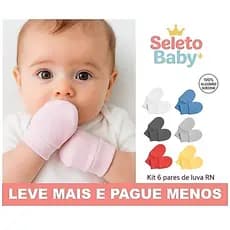 Kit 3 ou 6 Pares Luvas RN Bebê Recém-Nascido 100% Algodão Suedine Cores Neutras