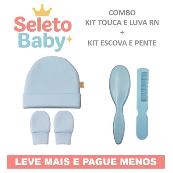 Kit Maternidade Touca e Luva RN + Escova e Pente Algodão Premium