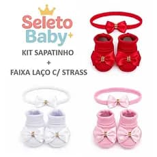 Kit Sapatinho RN 100% Algodão + Faixa Meia de Seda com Laço – Enxoval Bebê Luxo