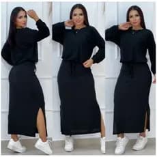 Conjunto Feminino Outono Inverno Blusa Cropped e Saia Midi Lanzinha Chique Elegante Festa Moderno