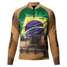 Camisa Agro Marrom Trator Bandeira do Brasil Com Proteção UV+50