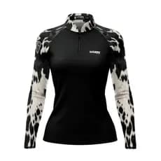 Camisa Camiseta Agro Feminina Pecuária Country Cow Print Black com Proteção Solar UV50+