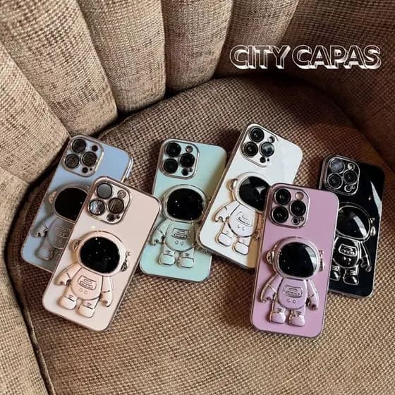 City Capas - Capinha iPhone 17 16 16E 15 PRO MAX PLUS com Suporte Astronauta Fofa Estilo Minimalista