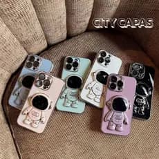 City Capas - Capinha iPhone 17 16 16E 15 PRO MAX PLUS com Suporte Astronauta Fofa Estilo Minimalista