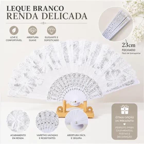 Leque branco/preto com desenho dourado / prata