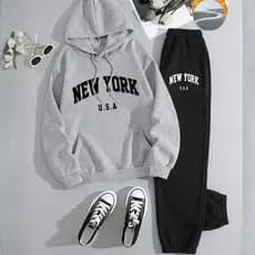 Conjunto Moletom Feminino Masculino Unissex New York USA Moletom de Capuz e Bolso + Cal莽a de Moletom