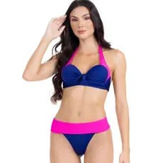 Biquíni Feminino Hot Pant Cintura Alta Modeladora Bicolor Com Bojo Meia Taça Moda Praia Tendência