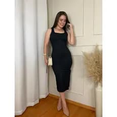 Vestido Canelado Midi Regata Com Fenda Lateral  Feminino Decote Quadrado