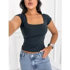 Blusa Suplex Manga Curta Moda Verão Casual com Decote Quadrado