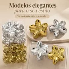 Kit 12 Presilha de Cabelo Piranha Flor Metalizada, Acessório Floral Dourado e Prateado para Penteados