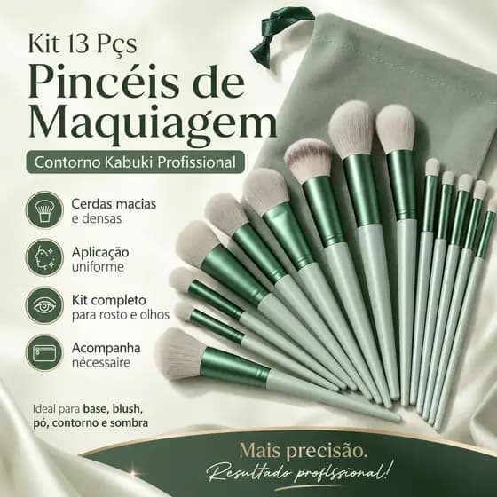 Kit 13 Pincéis de Maquiagem Profissional Kabuki para Contorno, Base, Pó, Blush e Sombra com Estojo