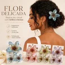 Kit Presilha Piranha Flor 3 em 1 Metalizada Iridescente para Cabelo, Acessório Feminino Elegante