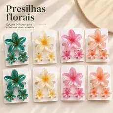 Kit 3 em 1 Presilha Piranha de Cabelo Flor Plumeria em Acrílico Translúcido com Efeito Metalizado, 6 Cores