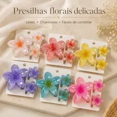 Kit 3 em 1 Presilha Piranha de Cabelo Flor Plumeria Translúcida Metalizada, 1 Grande + 2 Mini