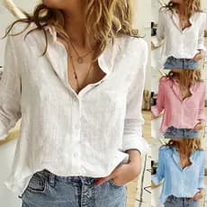 Camisa Feminina de Linho Solta com Mangas Longas em Cor Sólida 0147