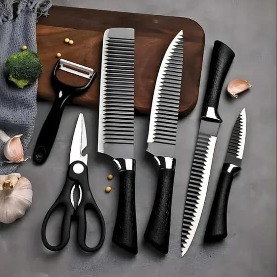 Kit 6 Peças Conjunto de Faca Carne Cutelo Legumes Aço Carbono Descascador Tesoura Profissional