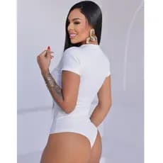 Body Feminino Com Ziper Manga Curta Decote V Confort Casual