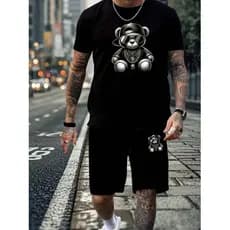 Conjunto Casual Masculino de 2 Peças: Camiseta Preta com Estampa de Desenho & Shorts com Cordão