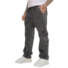 Calça Cargo Jeans Com Cintura Elastcia e Perna Larga Sem Lycra Cor Preto Marmorizada