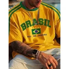 Camiseta Masculina de Futebol BRASIL Manga Curta Camiseta Timi Casual de Verão