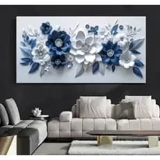 Quadro Decorativo Horizontal Abstrata Flor Moderna Minimalista Azul e Branca Sofisticada Luxo 110x70