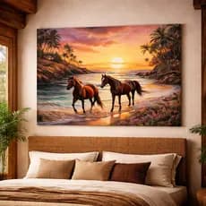 Quadro Decorativo Pintura Cavalos Na Praia E Por Do Sol Elegante Luxo Colorido