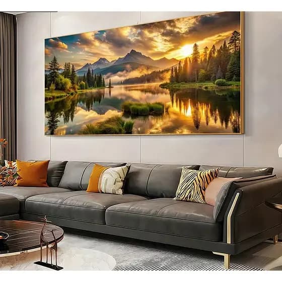 Quadro Decorativo Sala Nascer do Sol Dourado Sobre Montanhas Nevadas e Água Reflexiva Luxo 110x70
