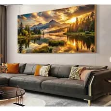 Quadro Decorativo Sala Nascer do Sol Dourado Sobre Montanhas Nevadas e Água Reflexiva Luxo 110x70