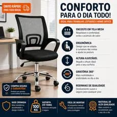 Cadeira Escritório Secretaria Ergonômica  Mesh Regulagem altura Giratória Base Cromada Confortável