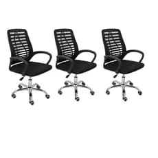 Kit 3 Cadeiras Escritório Atendimento Preta Base Giratória Estofamento Tela Mesh Zebrada