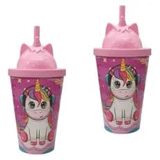 Copo Infantil 2pçs Com Canudo e Tampa Vários Temas Animais 350ml Atóxico Copos Infantis Unicórnio