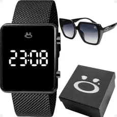 Relogio Feminino Aço Inox Digital Preto + Caixa + Oculos Sol