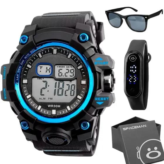 Caixa + relogio prova dagua digital presente ajustavel azul data esportivo original cronometro preto